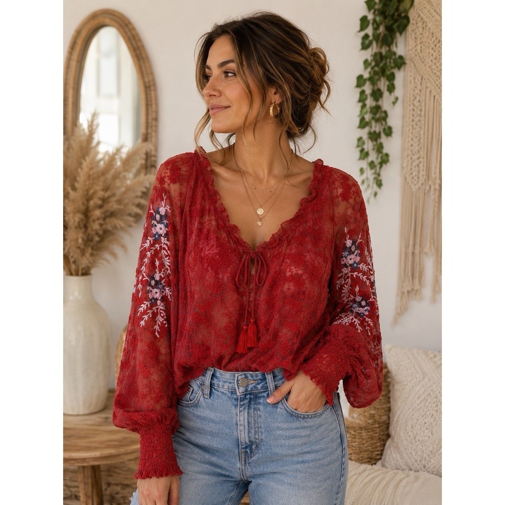 Free People Jubilee Sheer Mesh Floral Lace Embroidered Top Women's XS Red‎ Boho